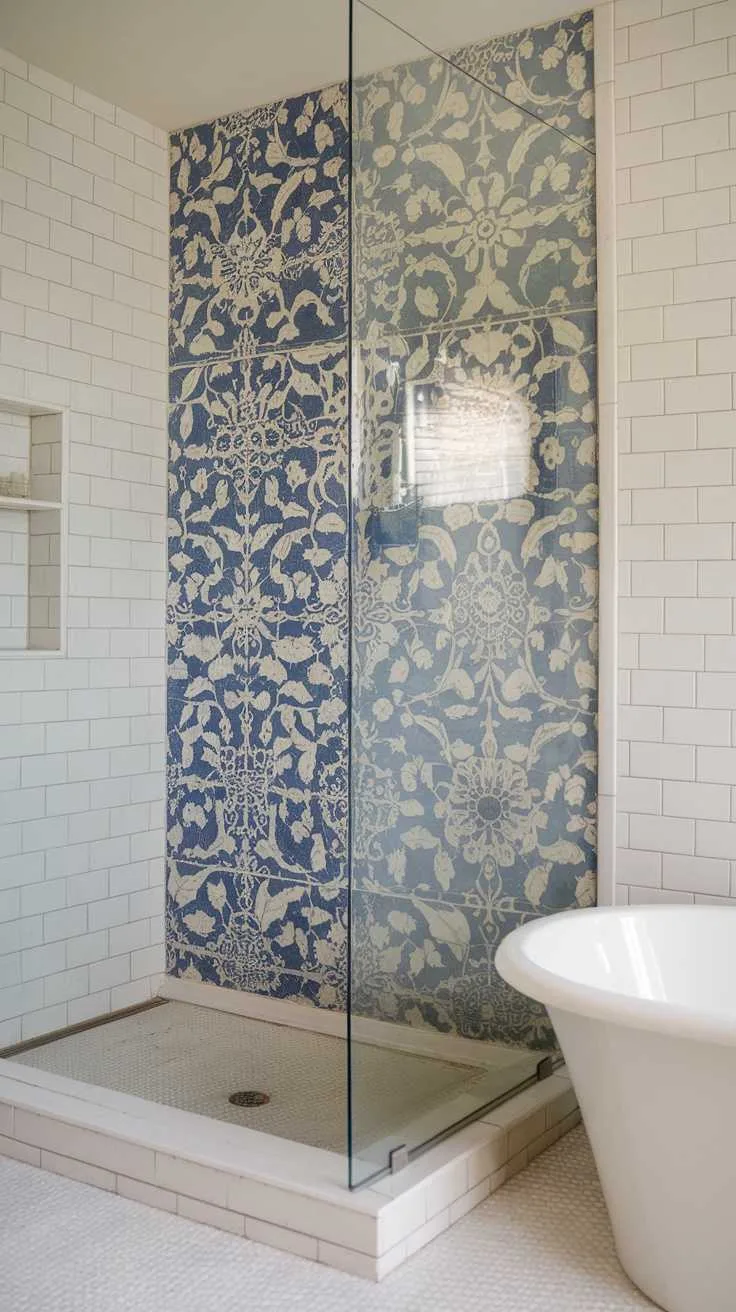 13 Blue and White Bathroom Ideas for a Fresh Look 3 A beautifully tiled shower with blue and white floral patterns, featuring a glass enclosure and a freestanding bathtub.