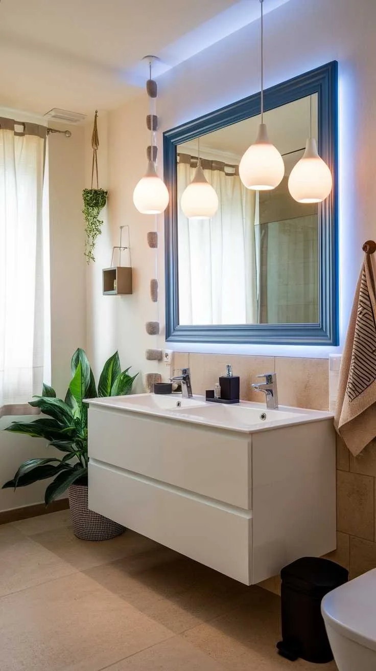 13 Blue and White Bathroom Ideas for a Fresh Look 9 A bathroom featuring blue framed mirrors and white pendant lighting.