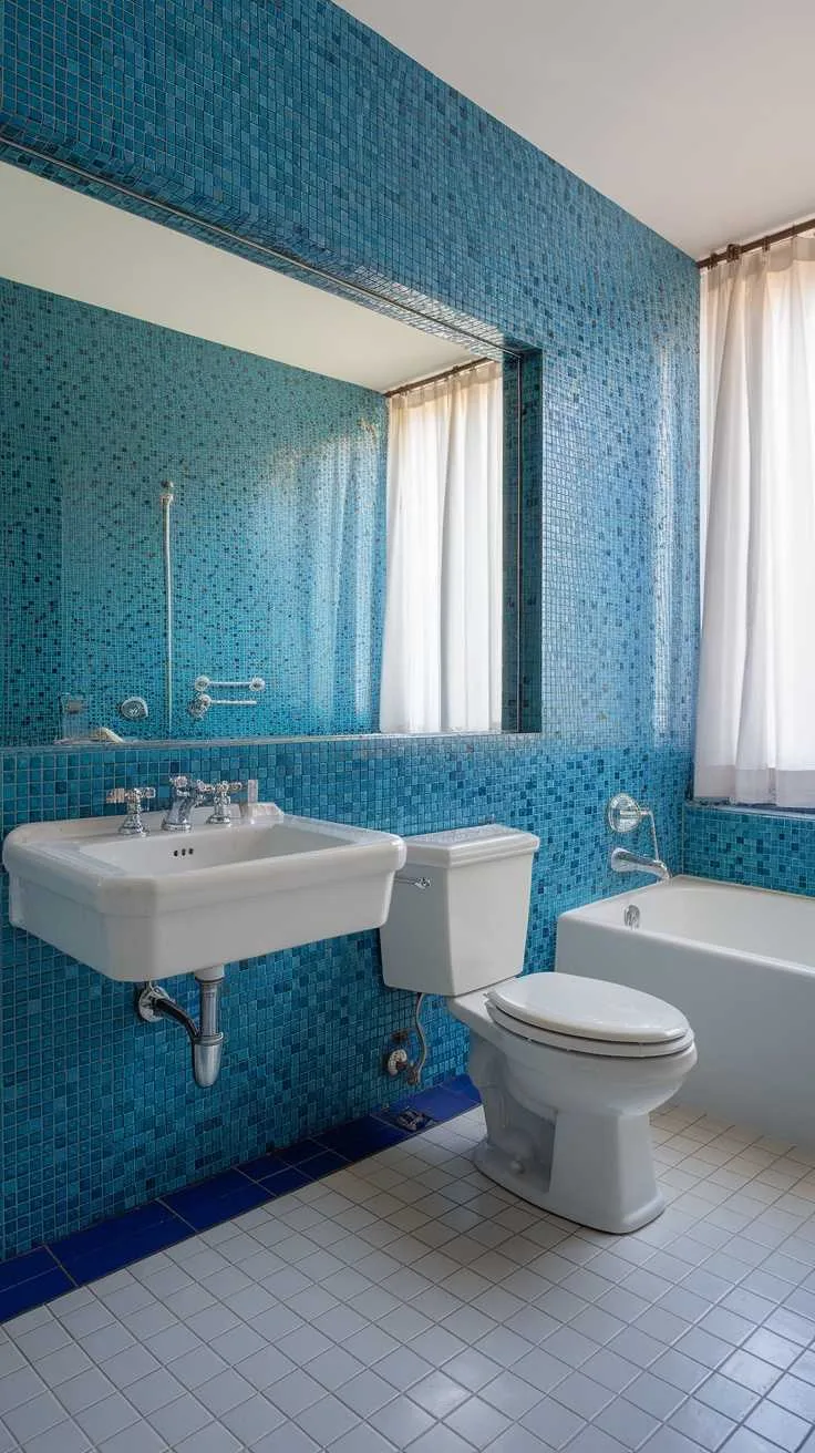 13 Blue and White Bathroom Ideas for a Fresh Look 1 A bathroom featuring a blue mosaic backsplash with white fixtures