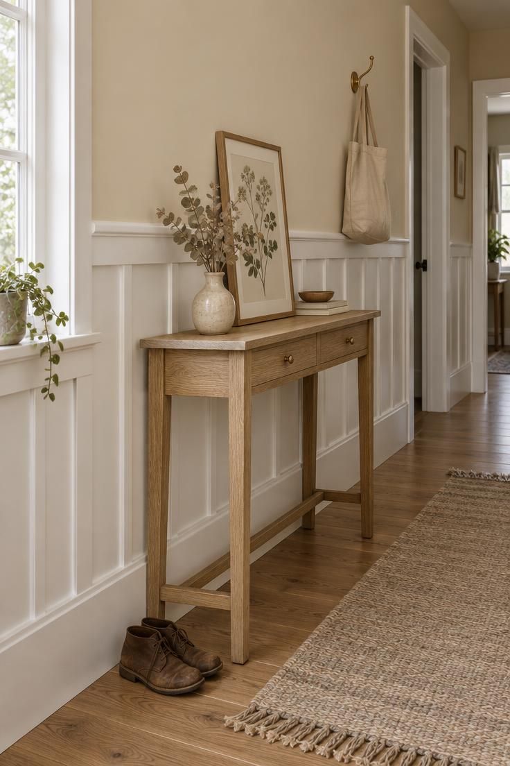 13 Warm Board and Batten Hallway Ideas for a Cozy Entry 1 Narrow hallway with white half-height board and batten below a warm cream upper wall, a light oak console with a ceramic vase and framed botanical print, and a beige runner.