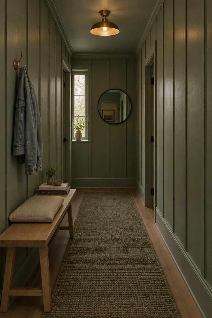 13 Warm Board and Batten Hallway Ideas for a Cozy Entry 2 Hallway with full-height sage green board and batten walls, a round black-framed mirror, a narrow oak bench with a linen cushion, and a brass hook holding a jacket.