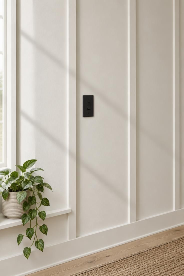 13 Warm Board and Batten Hallway Ideas for a Cozy Entry 3 Close-up of a board and batten hallway wall with wide gaps between narrow warm white battens and a single black metal switch plate.