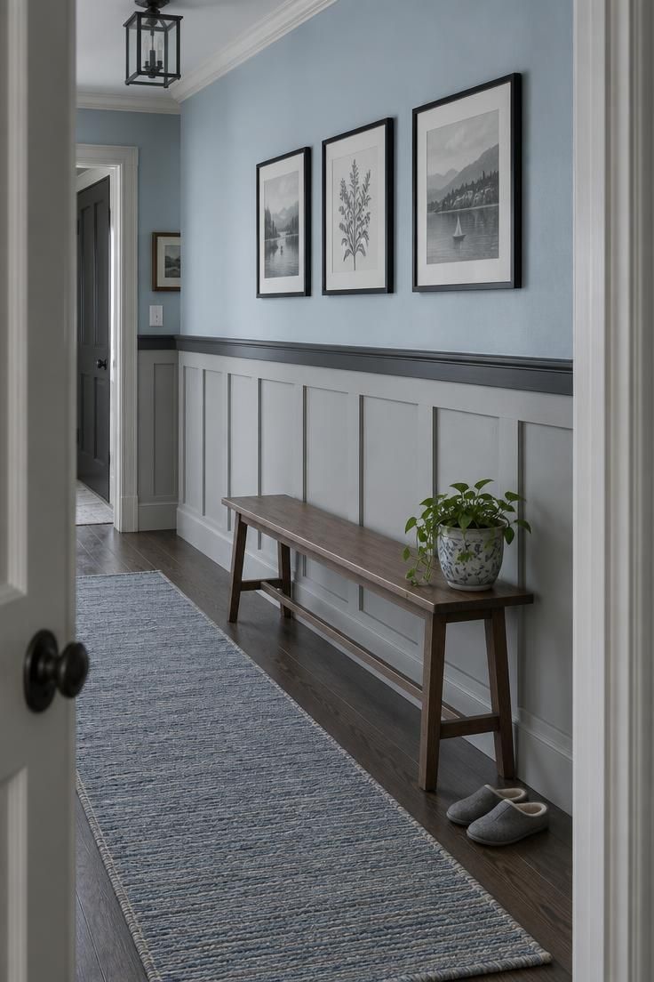 13 Warm Board and Batten Hallway Ideas for a Cozy Entry 4 Hallway with light gray board and batten wainscoting, a charcoal top rail, pale blue upper walls, a wooden bench, and three black-framed prints.
