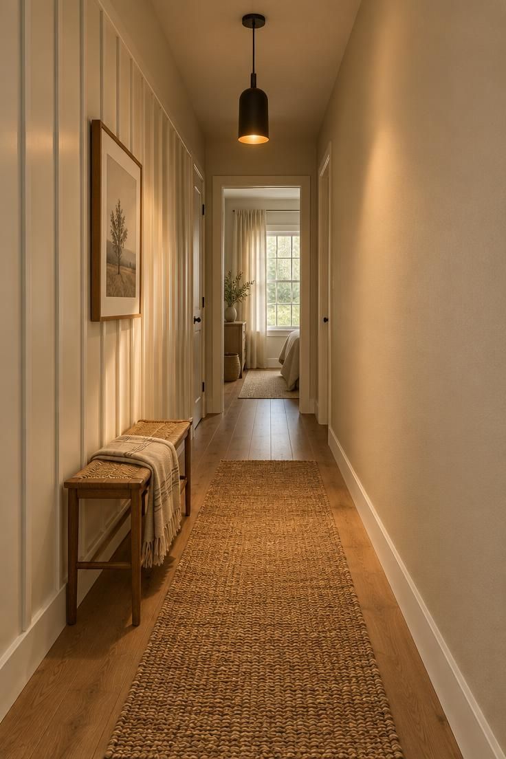 13 Warm Board and Batten Hallway Ideas for a Cozy Entry 5 Very narrow hallway with warm white board and batten trim on one wall, soft beige opposite wall, black pendant light, and a jute runner.