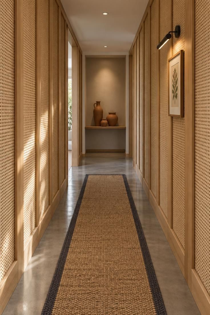 13 Warm Board and Batten Hallway Ideas for a Cozy Entry 6 Warm hallway with full-height white oak board and batten, natural cane weave infill panels, a jute runner with charcoal border, a black picture light over a botanical print, and terracotta vessels on an end ledge.