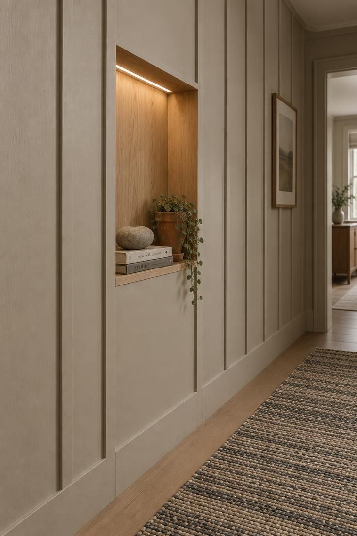 13 Warm Board and Batten Hallway Ideas for a Cozy Entry 7 Hallway with putty-toned board and batten, a recessed oak-lined niche between two battens with books, a stone object, and a small plant, softly lit from above.