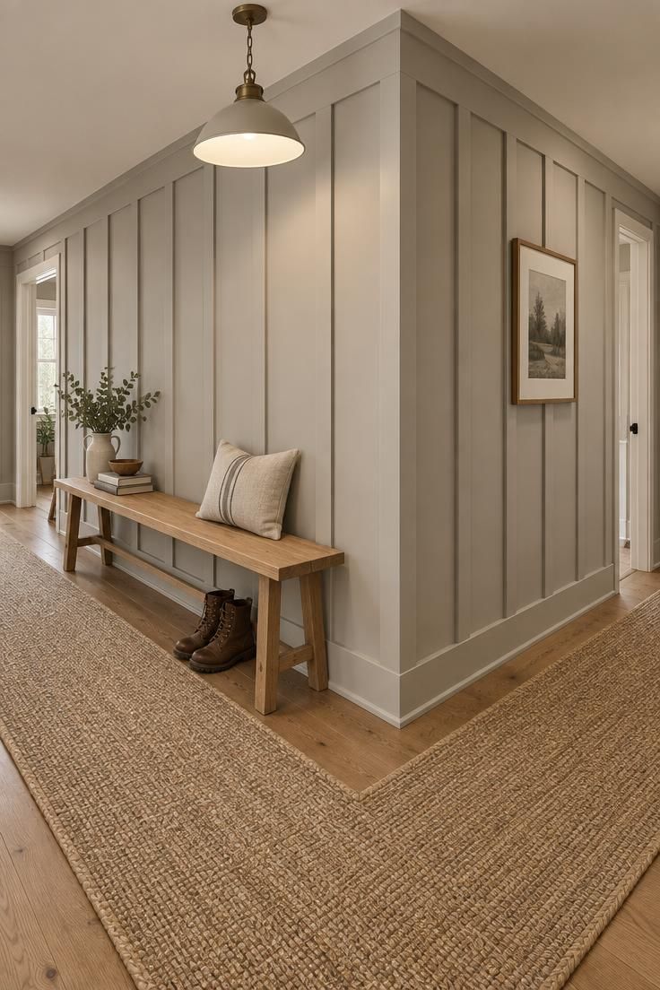 13 Warm Board and Batten Hallway Ideas for a Cozy Entry 8 L-shaped hallway with warm light gray board and batten wrapping around a corner, a narrow oak bench, a pendant light, and a natural fiber runner.