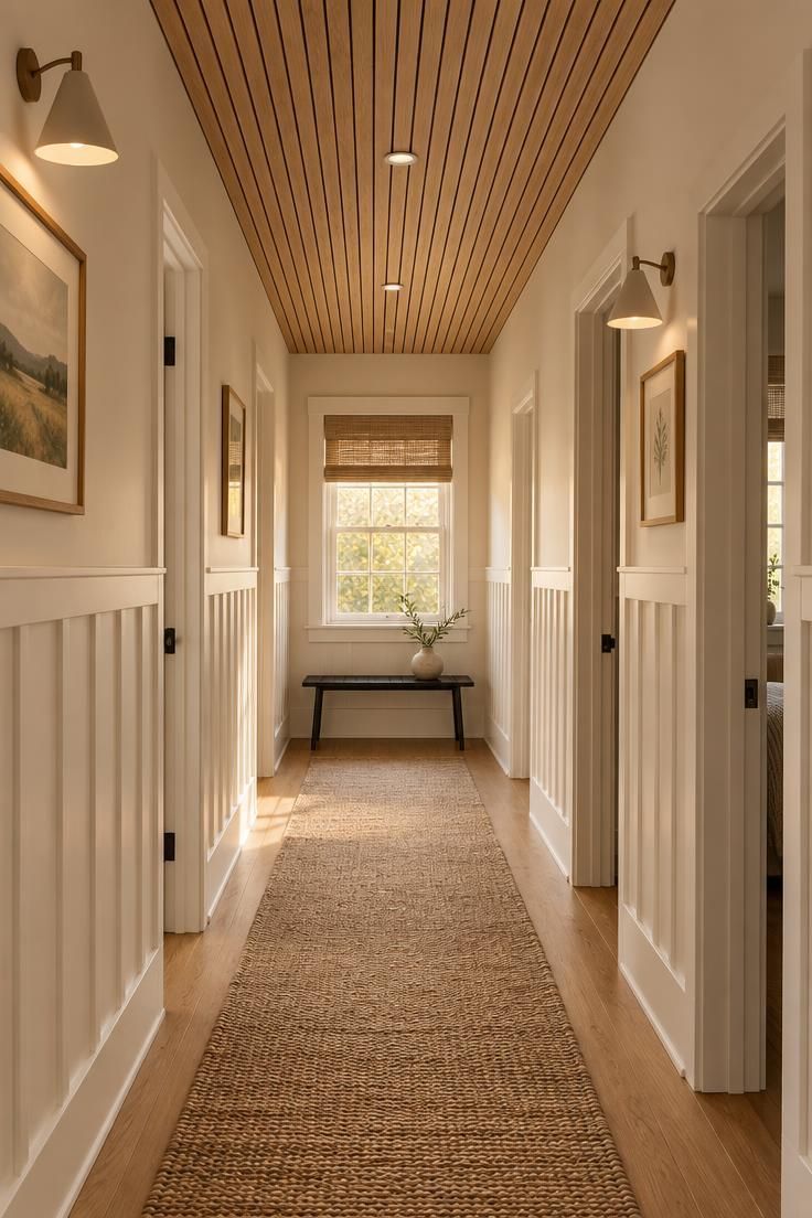 13 Warm Board and Batten Hallway Ideas for a Cozy Entry 9 Hallway with a slatted light oak ceiling above warm white board and batten wainscoting, a black metal bench under a small window, and a natural fiber runner.