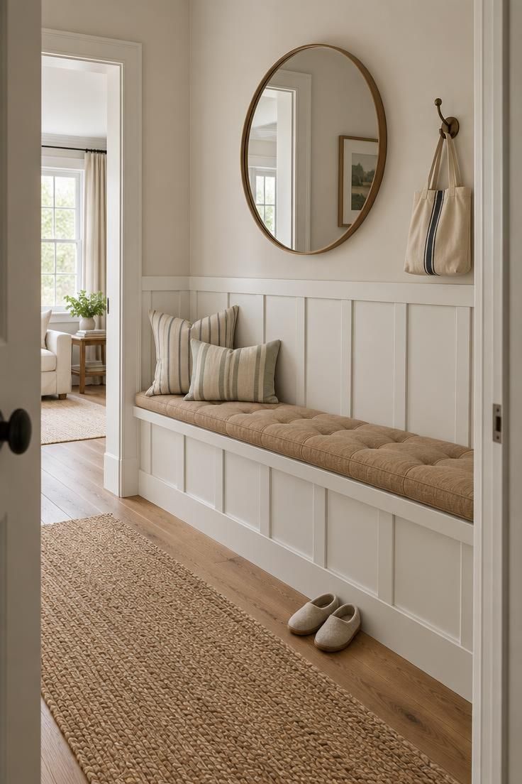 13 Warm Board and Batten Hallway Ideas for a Cozy Entry 10 Hallway landing with half-height white board and batten wrapping a built-in bench with a tan cushion, a round mirror, and a wall hook with a tote.