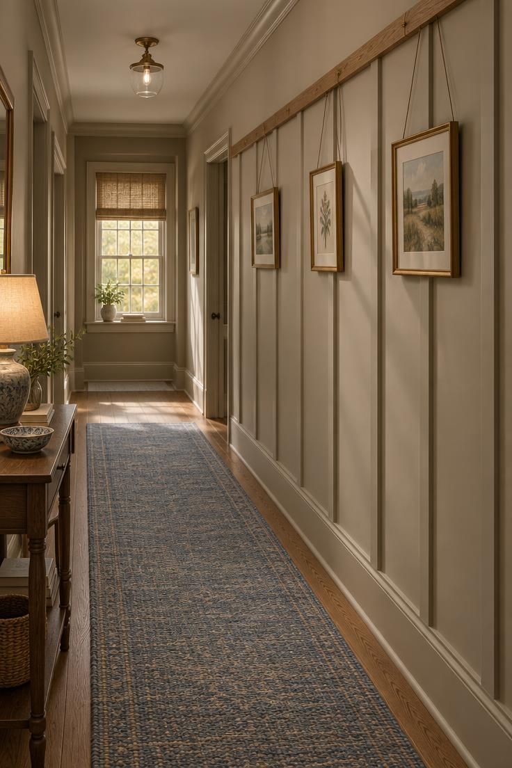 13 Warm Board and Batten Hallway Ideas for a Cozy Entry 11 Hallway with warm greige full-height board and batten, a natural wood picture rail with three small framed art pieces on cords, and a muted blue runner.