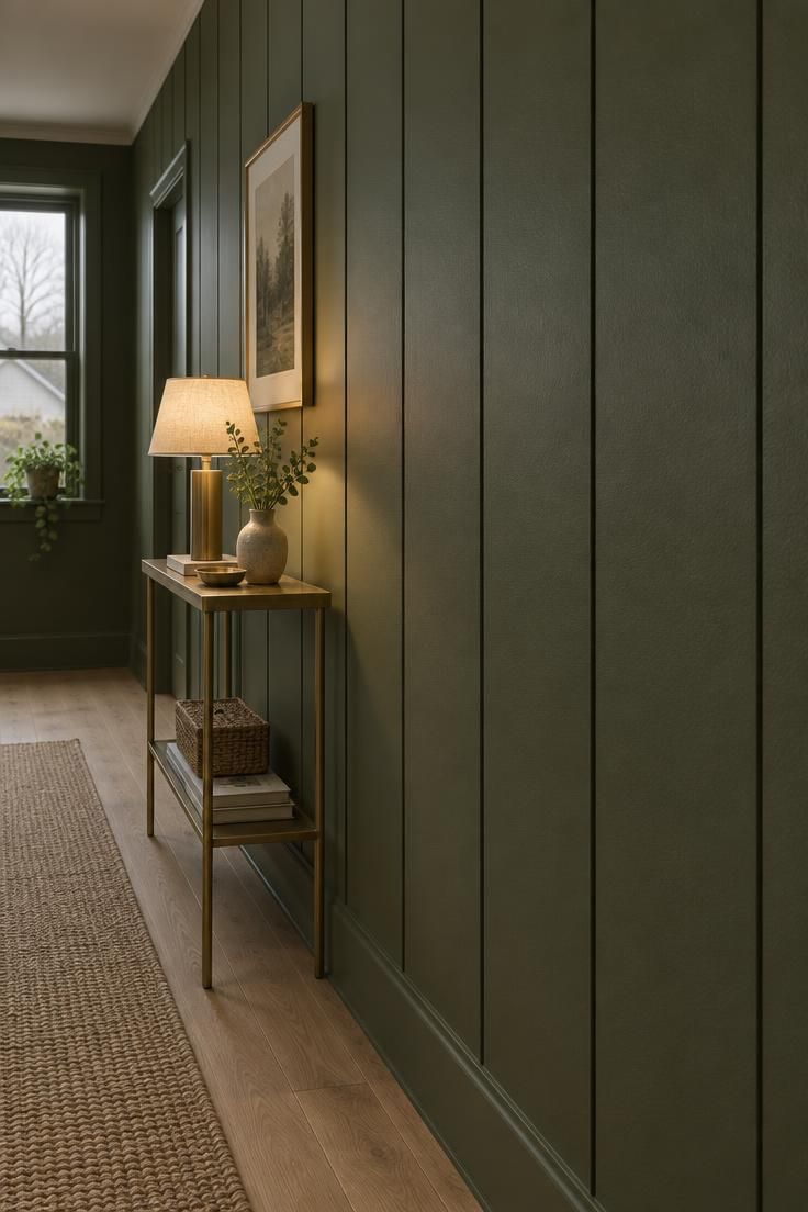 13 Warm Board and Batten Hallway Ideas for a Cozy Entry 12 Close-up of a very narrow hallway wall in flat deep olive green MDF panels with thin vertical reveal lines simulating board and batten, and a brass console with a lamp.