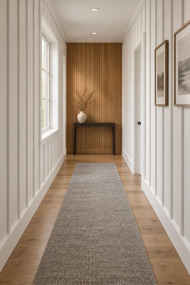 13 Warm Board and Batten Hallway Ideas for a Cozy Entry 13 Long hallway with white full-height board and batten on both sides, a warm oak slat end wall, a narrow dark wood console with a ceramic vase, and a soft gray runner.