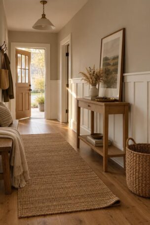 Cozy entry hallway with warm white half-height board and batten below a greige upper wall, an oak console with a ceramic vase, a jute runner, and a narrow bench with a wool throw.