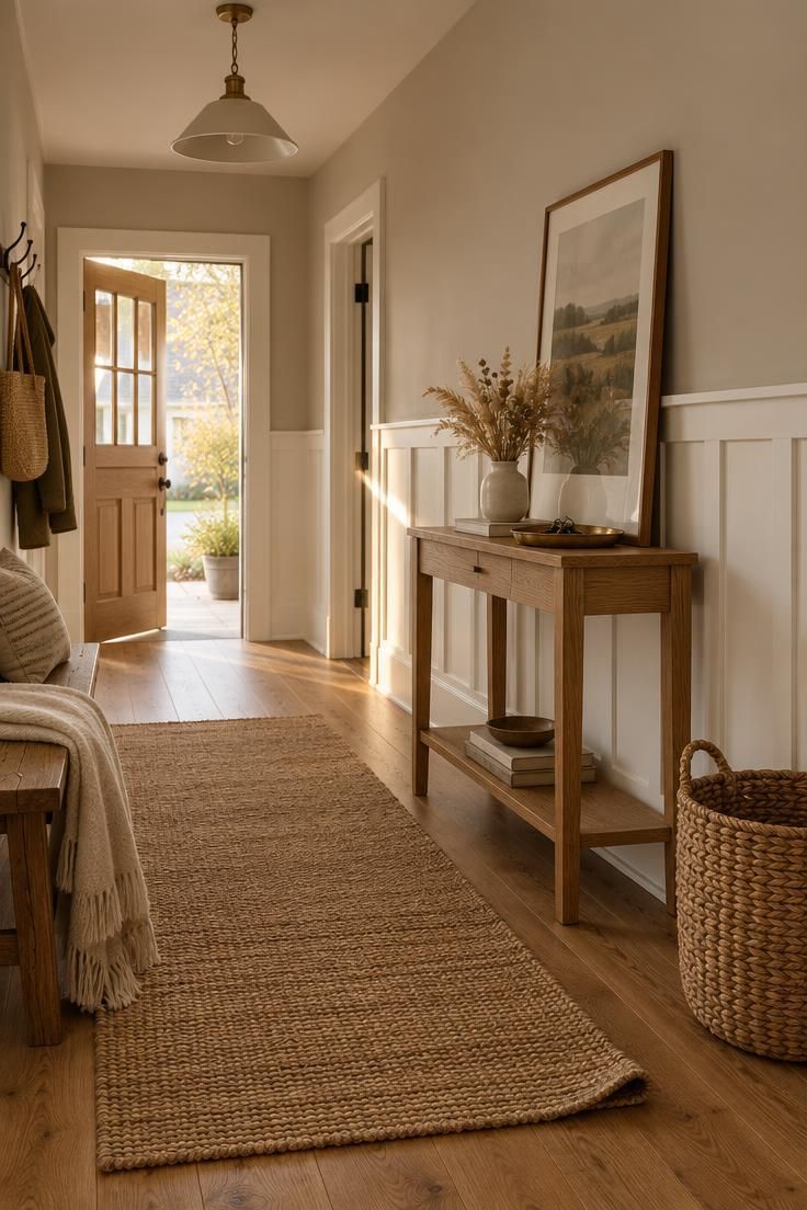 Cozy entry hallway with warm white half-height board and batten below a greige upper wall, an oak console with a ceramic vase, a jute runner, and a narrow bench with a wool throw.