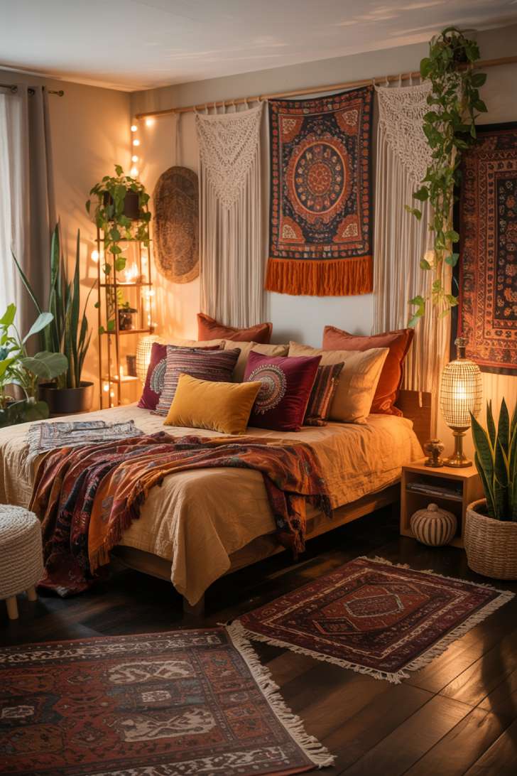 A bohemian bedroom with rich layered textures and warm earth tones featuring macramé wall hangings and colorful tapestries