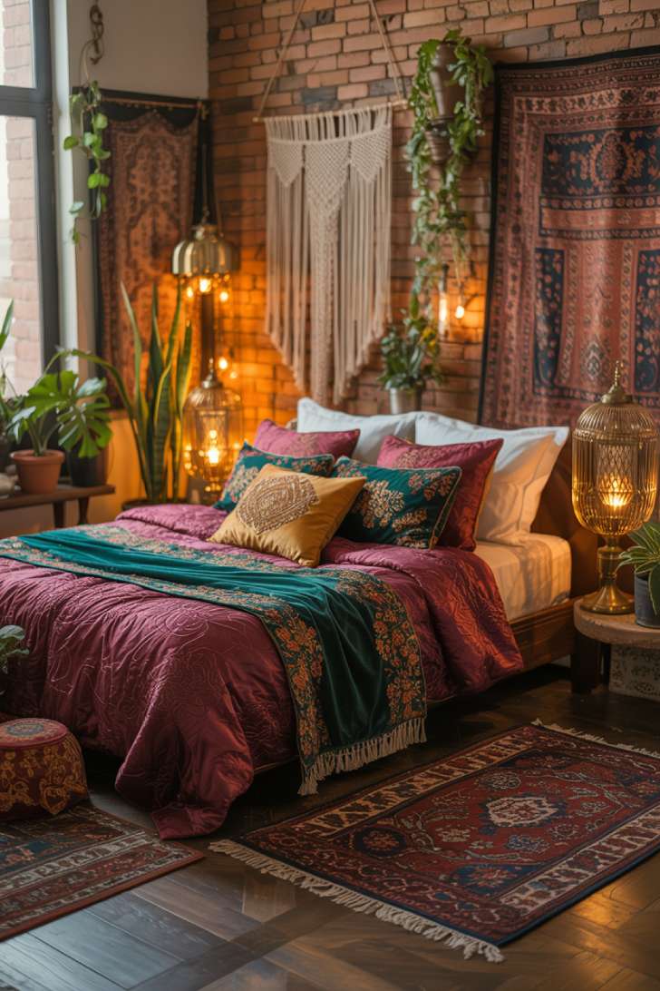 A bohemian bedroom featuring jewel-toned textiles with burgundy velvet duvet and emerald embroidered pillows