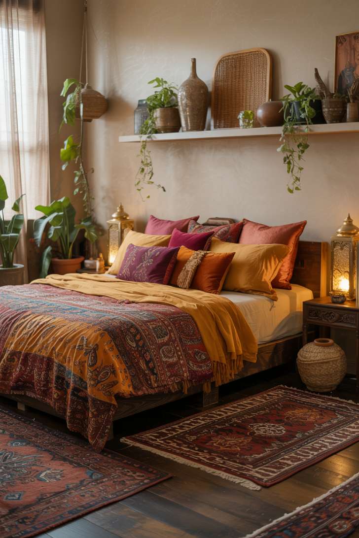 A bohemian bedroom with low wooden frame bed, colorful throw pillows, and flowing patterned duvet in paisley designs