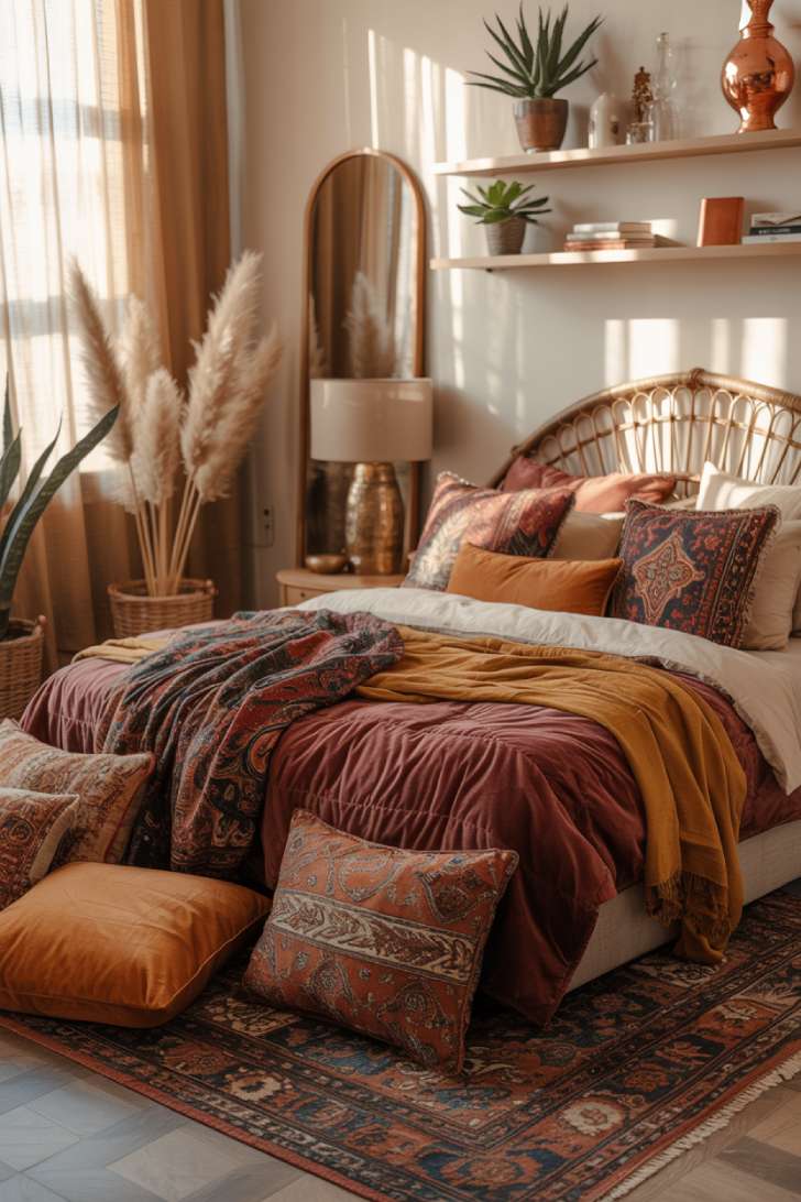 A bohemian bedroom with burgundy velvet duvet, rattan headboard, and copper accents throughout the space