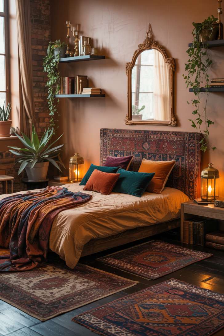 A bohemian bedroom with ornate tapestry headboard in burgundy and gold, velvet cushions in emerald and sapphire