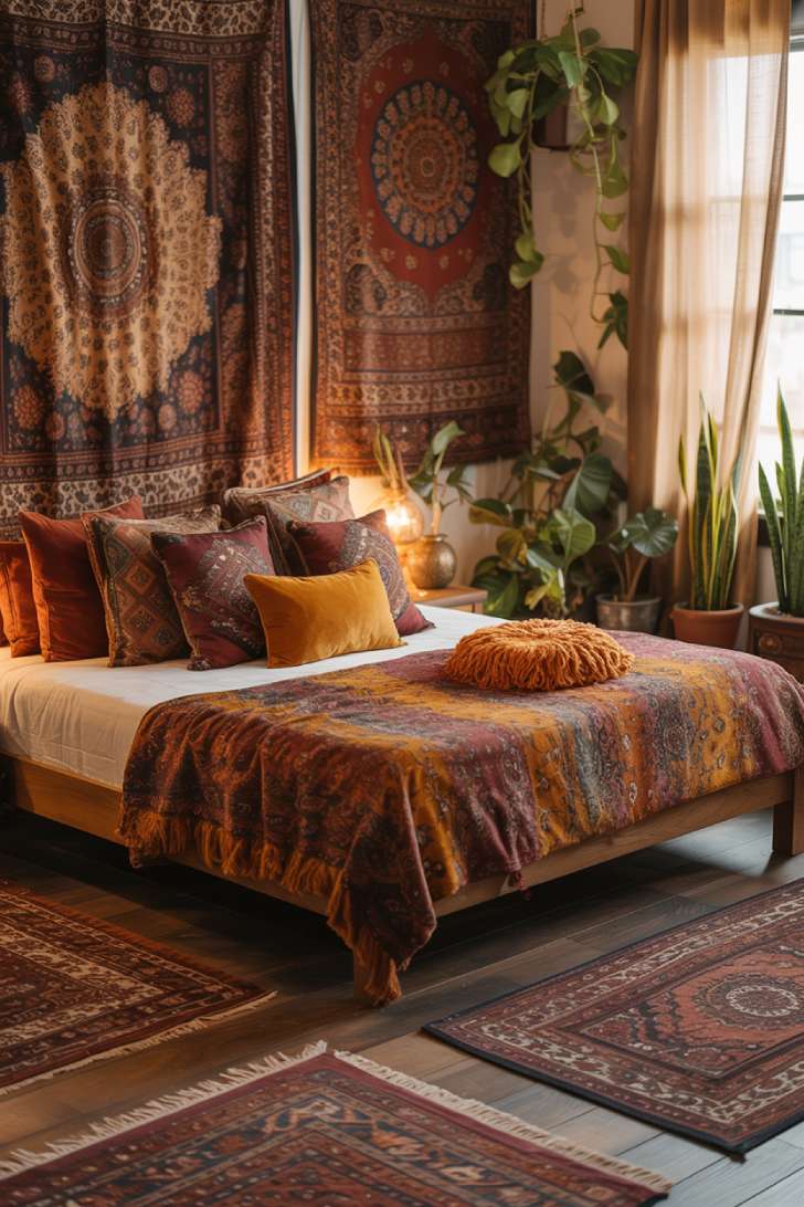 A bohemian bedroom featuring mandala tapestries on walls with Persian rug draped as bedspread