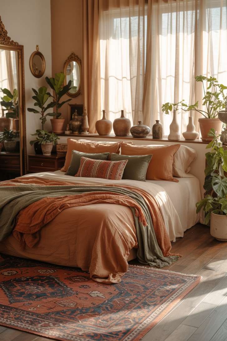 A bohemian bedroom with terracotta and sage green throw pillows, vintage Persian rug, and flowing cream linen curtains