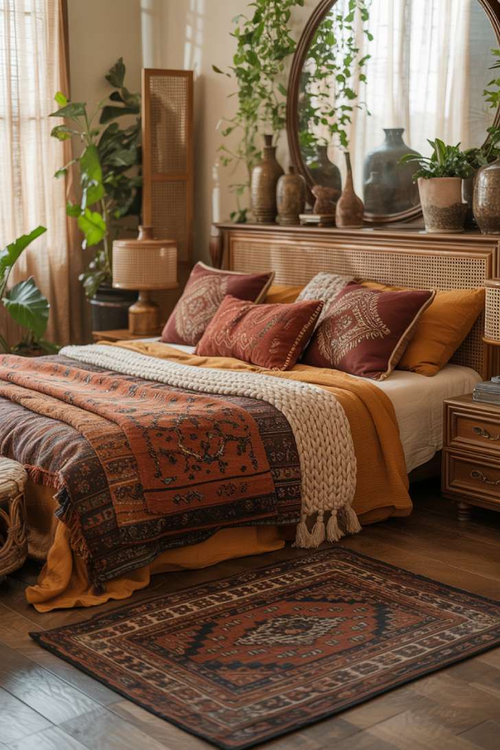 A bohemian bedroom with rattan headboard, chunky knit cream blanket, and embroidered throw pillows