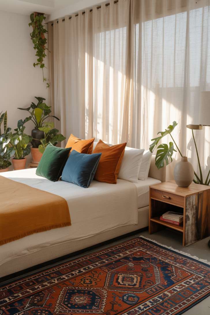 A modern bohemian bedroom with low platform bed, white linens, and jewel-toned throw pillows in emerald and burnt orange