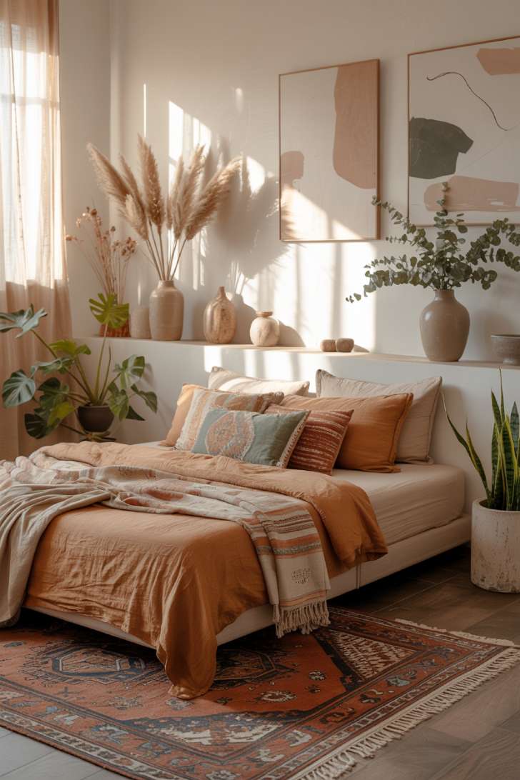 A spacious bohemian bedroom with rust-colored linen duvet, patterned pillows in terracotta and sage, and dried pampas grass