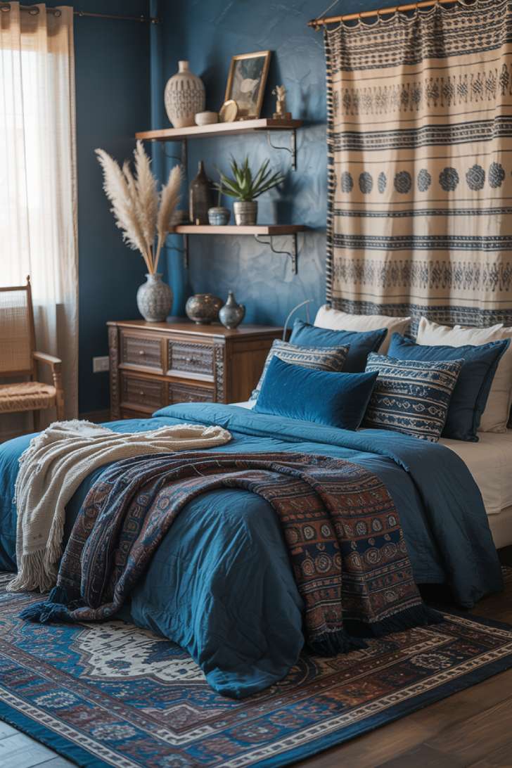 A bohemian bedroom featuring navy blue and indigo tones with deep blue velvet pillows and plush indigo area rug