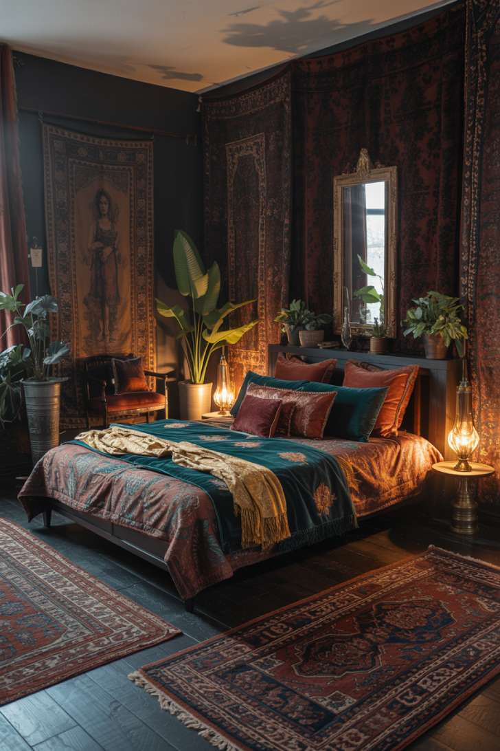 A moody bohemian bedroom with deep burgundy and charcoal walls, vintage tapestries, and jewel-toned velvet cushions