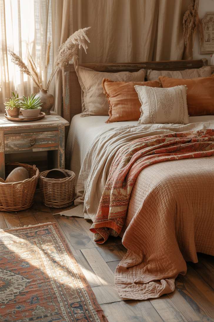 A rustic bohemian bedroom with unmade bed featuring cream, terracotta, and dusty rose linens with vintage quilted throw