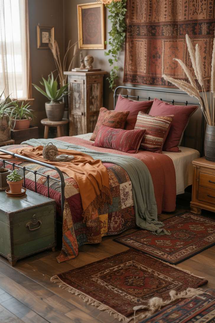 A rustic bohemian bedroom with wrought iron bed frame, mismatched throw pillows, and vintage patchwork quilt