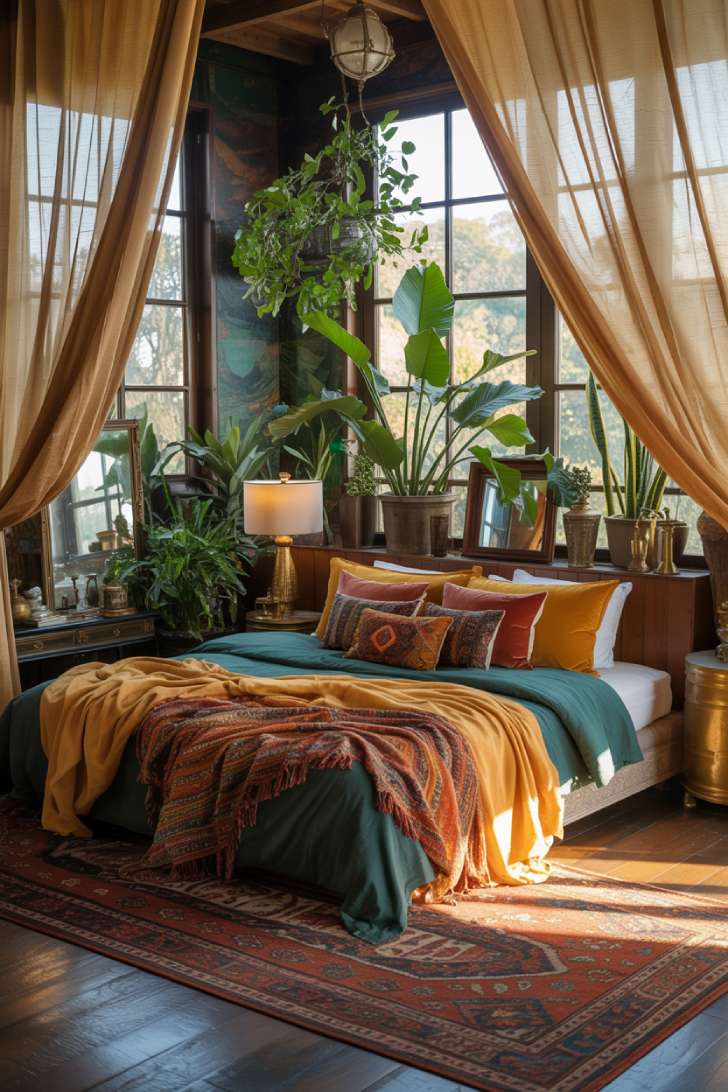 Bohemian bedroom with jewel-toned textiles and fiddle leaf fig plants