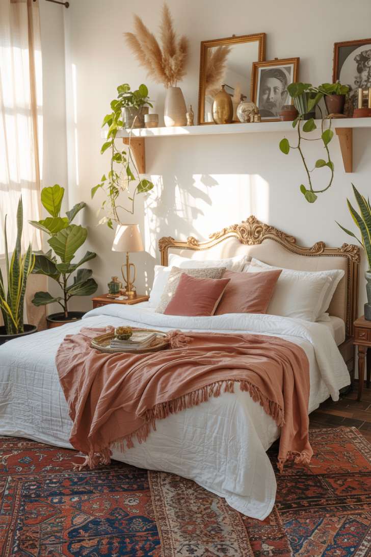 Airy bohemian bedroom with ornate headboard and mixed textures
