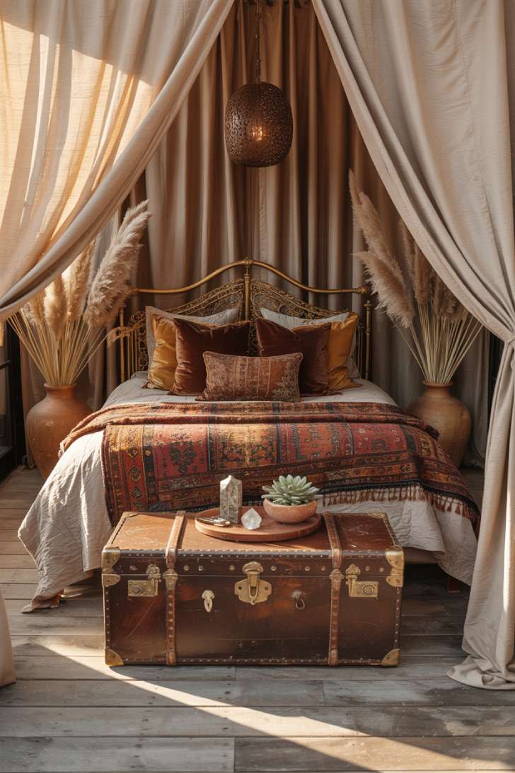 Bohemian bedroom with brass headboard and dried pampas grass arrangements