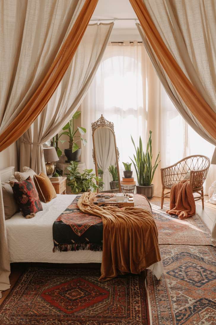 Bohemian bedroom with rattan chair and brass floor mirror