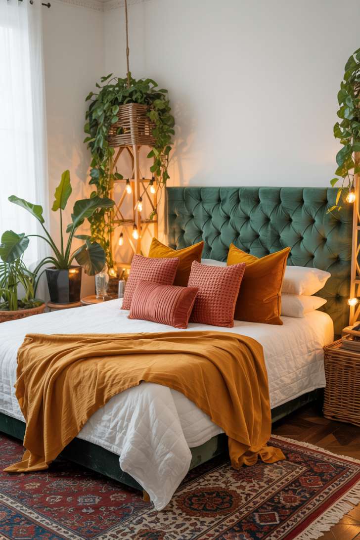 Tufted emerald headboard with Edison bulb string lights