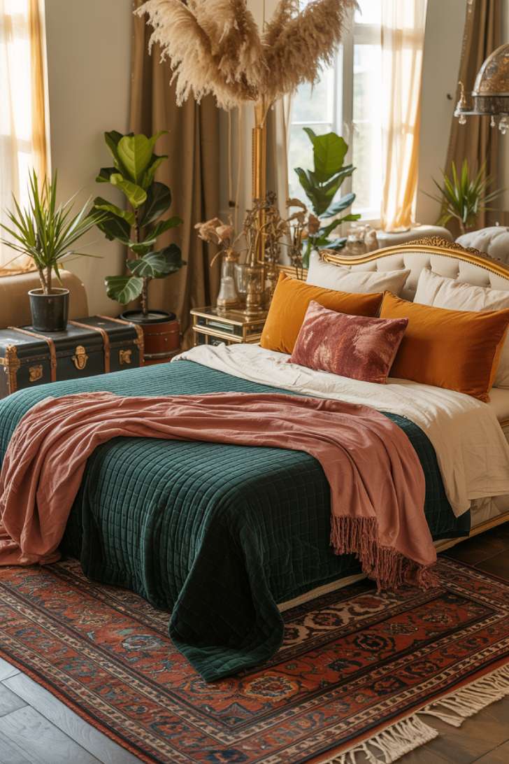 King-size bed with brass headboard and vintage leather trunk