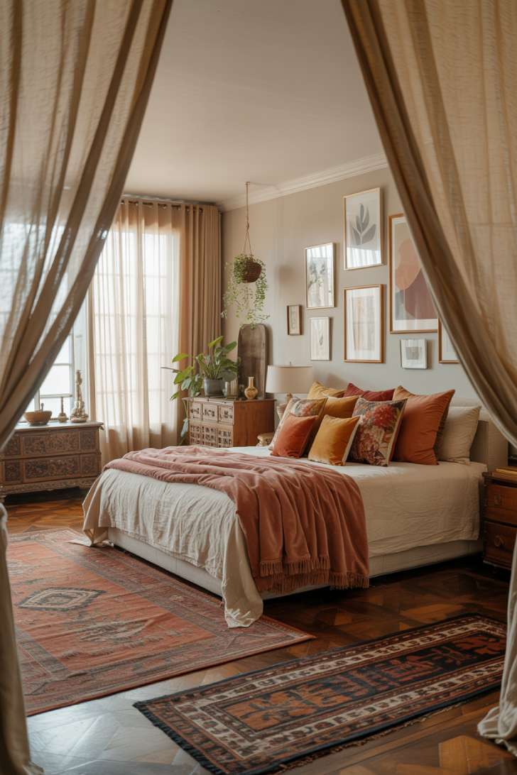 Platform bed with dusty rose throws and botanical gallery wall