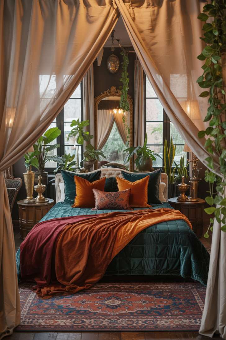 Plush king bed with emerald and burgundy textiles and cascading plants