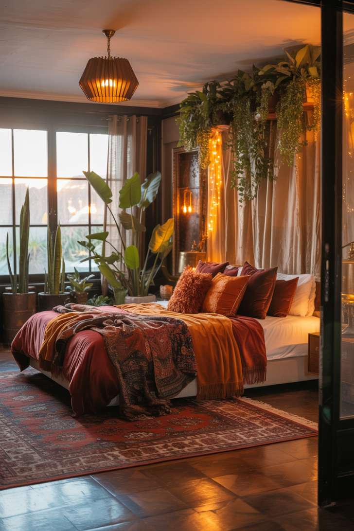 Platform bed with brass pendants and fairy lights creating golden atmosphere