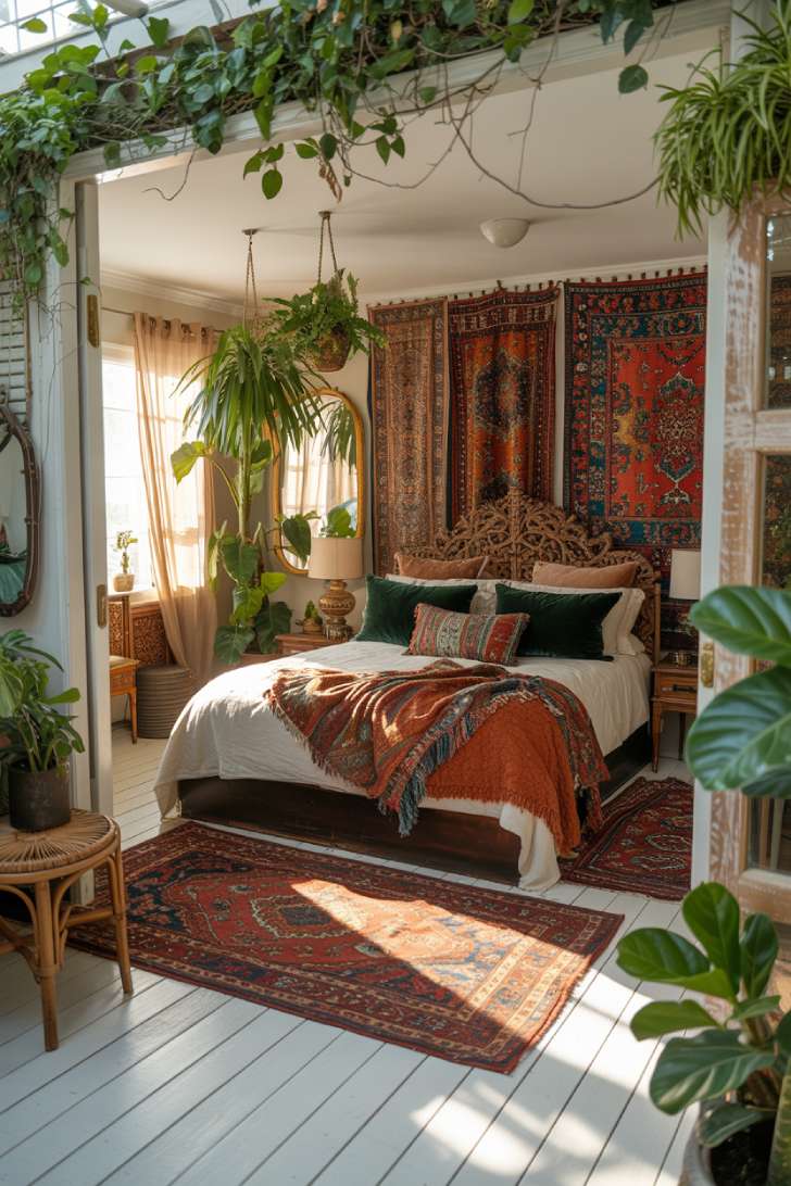 Low platform bed surrounded by lush greenery and vintage textiles