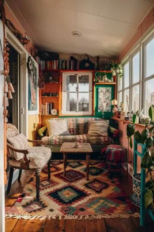 A small living room with bohemian decor, showing a compact space filled with colorful textiles, plants, and eclectic furniture. The room should have large windows allowing natural light to flood in, highlighting the warm and inviting atmosphere.