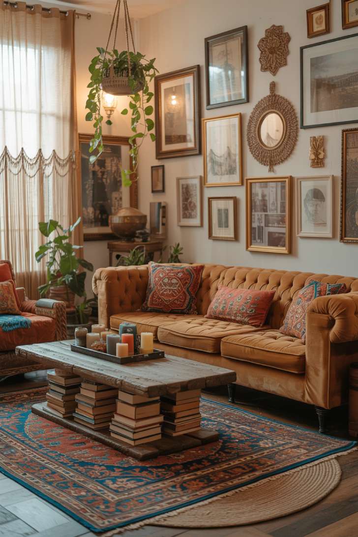 Bohemian maximalist living room with gallery walls, velvet sofa, and layered Persian rugs