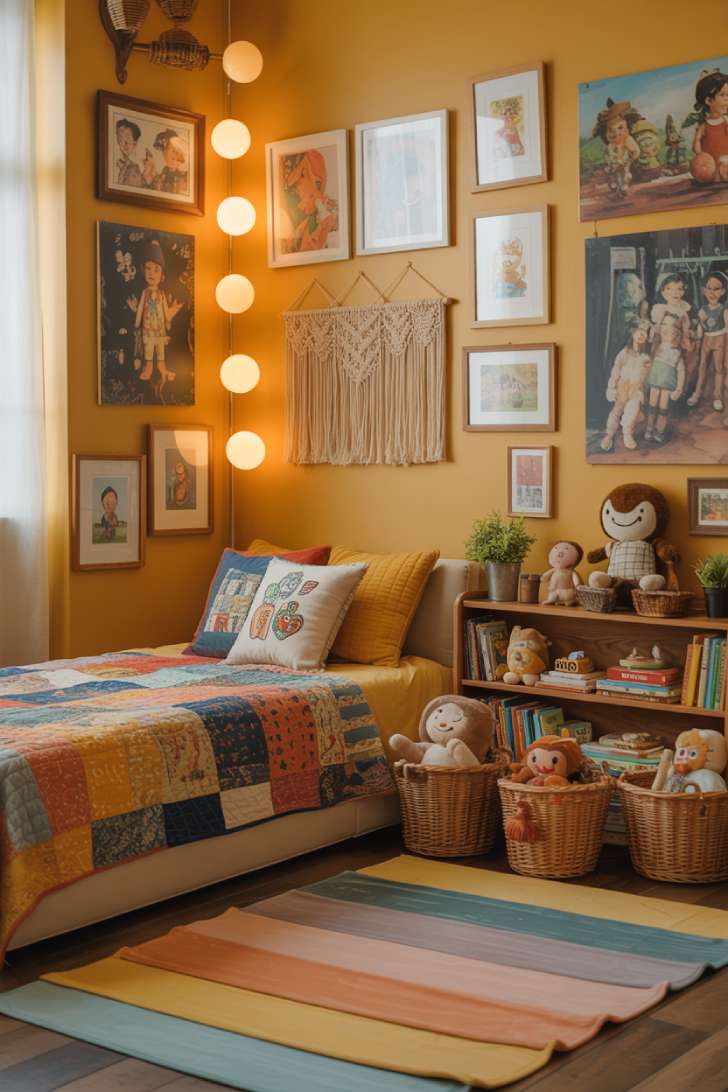 Bohemian maximalist kids room with mustard yellow walls, patchwork quilt, woven baskets, and string lights