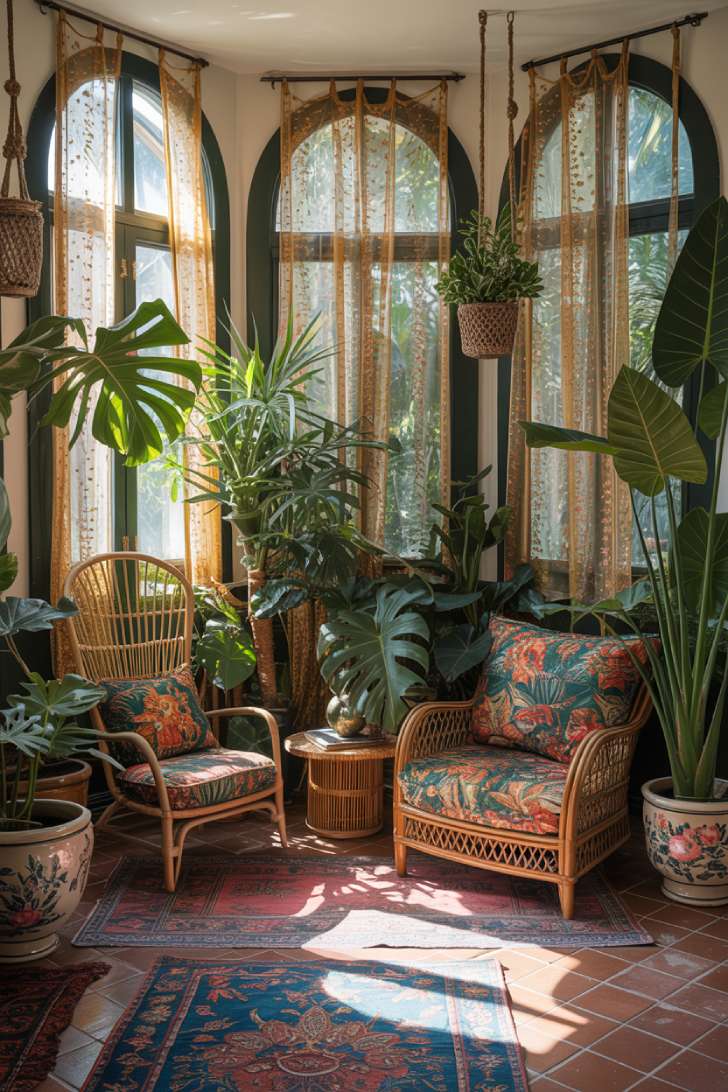 Bohemian maximalist sunroom with arched windows, tropical plants, rattan furniture, and layered vintage rugs