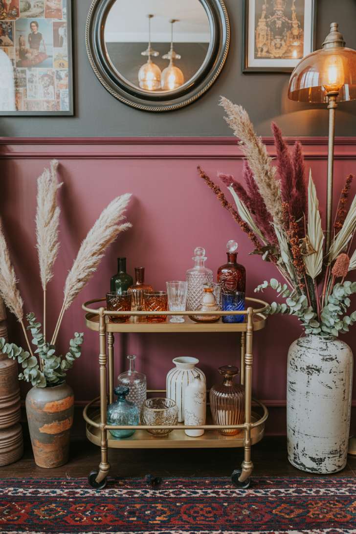 Bohemian maximalist bar cart styled against plum wall with crystal decanters, colored glassware, and dried botanicals