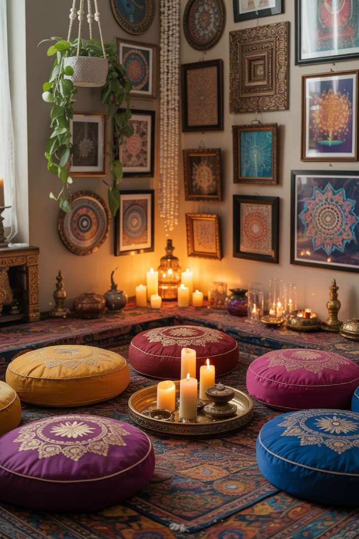 Bohemian maximalist meditation corner with embroidered floor cushions, mandala wall art, crystals, and candlelight