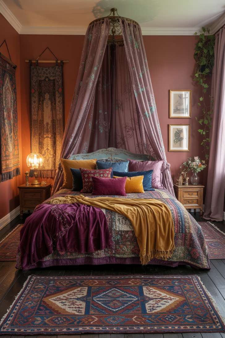 Bohemian maximalist bedroom with canopy bed draped in jewel-toned fabrics and layered textiles