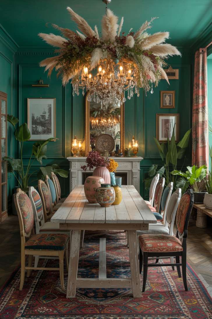 Bohemian maximalist dining room with mismatched chairs, chandelier draped in pampas grass, and deep emerald walls